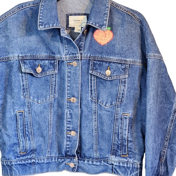 Forever 21 Denim Jean Jacket Embroidered Peach Festival Boho Mod Size S - Picture 2 of 9